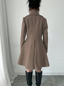 Elenzga Áo khoác ngoài tay dài màu trơn đơn giản dành cho nữ - Màu nâu Sô-cô-la - Xem 2