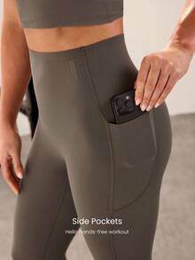 GLOWMODE 24" CoreHold FeatherFit™-Sculpt CoreHold No Slip Fit Boning Tummy Control No Front Seam Leggings With Side Pockets Workout Gym - Brown - View 4