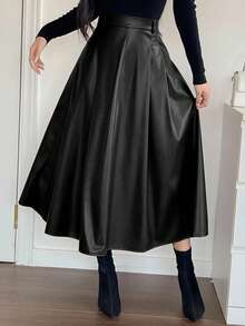 DAZY 女士优雅纯色百褶A字裙，秋季皮裙，冬季女裙 - 黑色 - 查看 5