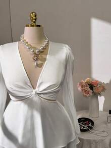 Flirla Plus Size V-Neck Exposed Waist Elegant Sweet Flowing Fashion Blouse - White - View 1