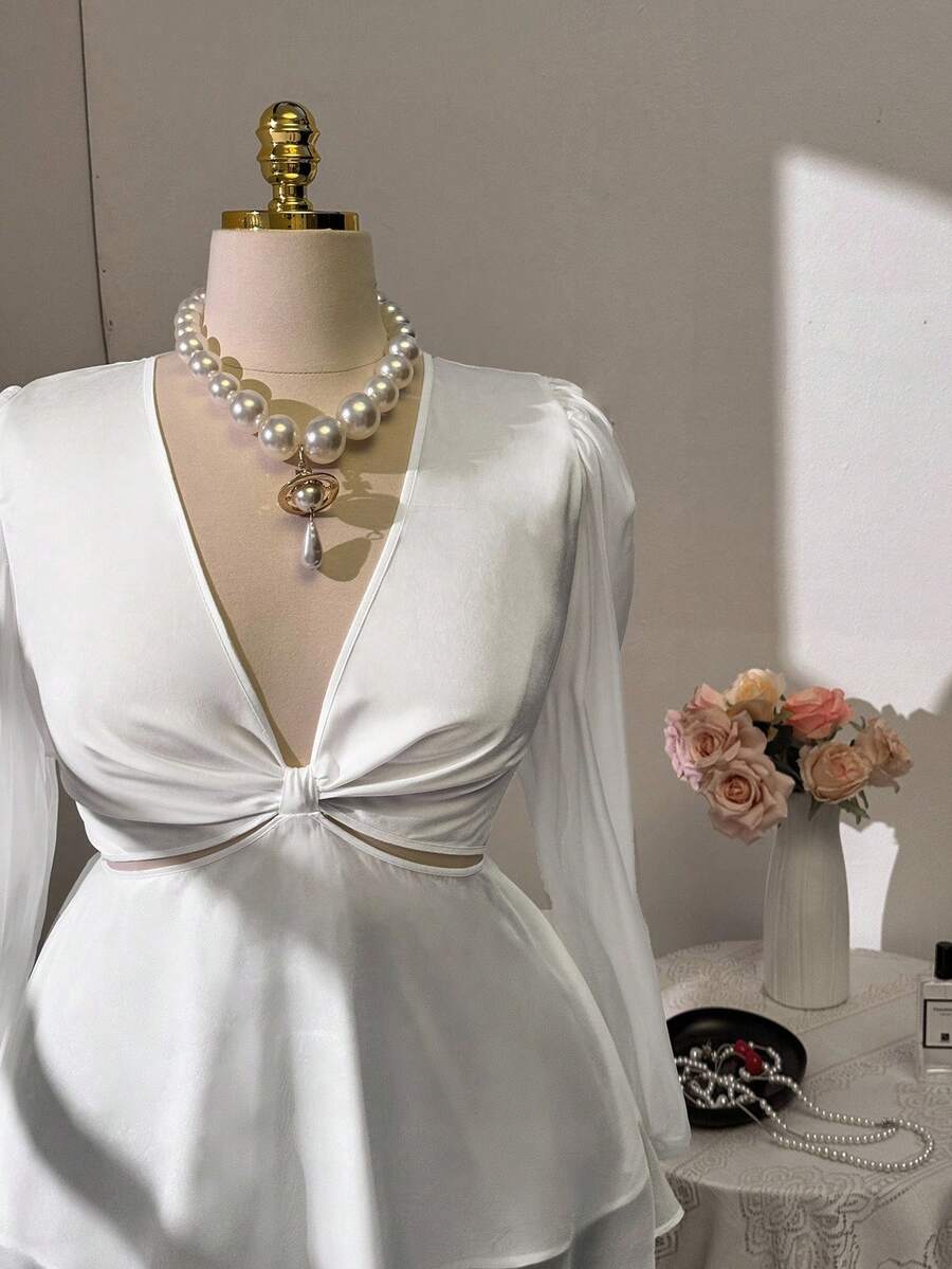 Flirla Plus Size V-Neck Exposed Waist Elegant Sweet Flowing Fashion Blouse - White - View 1