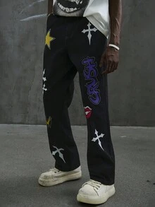 Manfinity ZONE917 Men's Casual Loose Fit Colorful Graphic Print Black Straight Leg Jeans,Streetwear Summer City Break Y2K Vintage Washed Star Wide Leg Distressed Jeans - Black - View 5