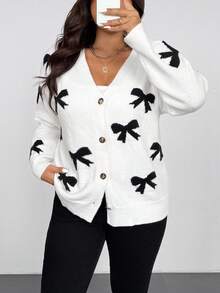 Vionelle Áo len cardigan dệt kim nơ màu cỡ lớn cho nữ, áo len mềm mại cổ chữ V dáng rộng thoải mái, đa năng cho mùa thu/đông - trắng - Xem 3