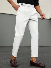 Manfinity Bizformal Men's Solid Color Waist Buckle Design Pocket Straight Leg Pants White Pleated Pants Men White Dress Pants Men White Suit Pants Men