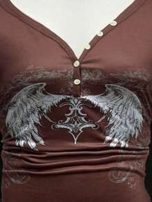 EgrlEra Women's V-Neck Punk Wing Print Long Sleeve Fitted T-Shirt - Coffee Brown - View 3