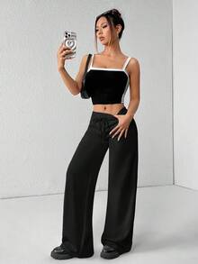 SHEIN PETITE Comfortable And Casual Plain Knitted Low-Rise Wide-Leg Women's Sweatpants Wide Leg Sweatpants Flare Sweat Pants Wide Leg Pants Black Flare Pants Women Pants Wide Leg,Fall - Black - View 3