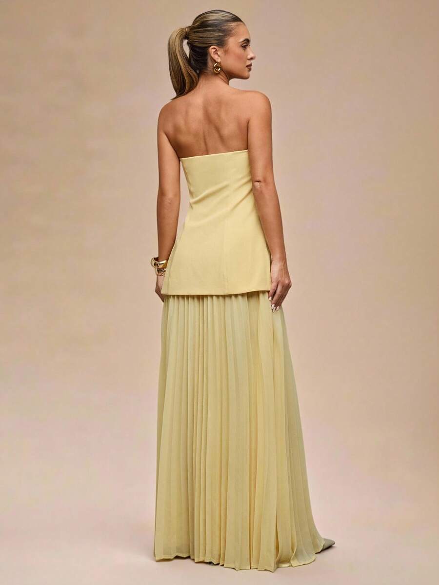 SHEIN BAE 女式纯色褶裥长裙 - 黃色 - 查看 1