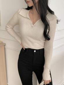DAZY 女式修身长袖休闲套头毛衣 秋冬 - 杏色 - 查看 2