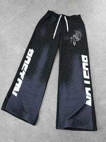 ROMWE MEN Street Life Men's Casual Straight-Leg Sweatpants With Contrast Color Patchwork, Street Style - Black - View 3