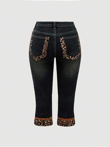 ROMWE PETITE Quần Capri denim chắp vá họa tiết da báo cổ điển Y2K cạp thấp - Màu xanh lam - Xem 2