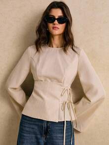 Poéselle 女士喇叭袖休闲衬衫杏色圆领长袖系带腰身通勤上衣秋季女装上衣秋季女装秋季女装冬季商务休闲女装 - 杏色 - 查看 7