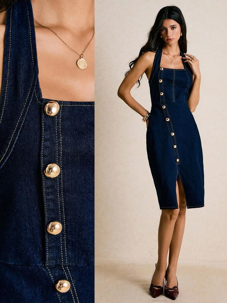 Poéselle 女式纯色前扣开衩挂脖牛仔连衣裙 - 深色水洗藍 - 查看 1