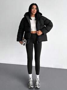 EURMUSE Solid Color, Zip Up, Hooded Winter Coat - Black - View 4