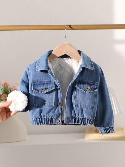 SHEIN Playful Pals 女婴休闲牛仔外套，带保暖内衬，秋冬季女婴冬装外套