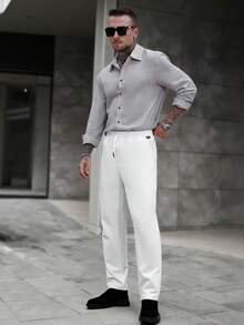 Manfinity Homme 男士秋季户外2025秋季男士抽绳腰口袋直筒宽松休闲裤男士直筒运动裤，秋季 - 白色 - 查看 4