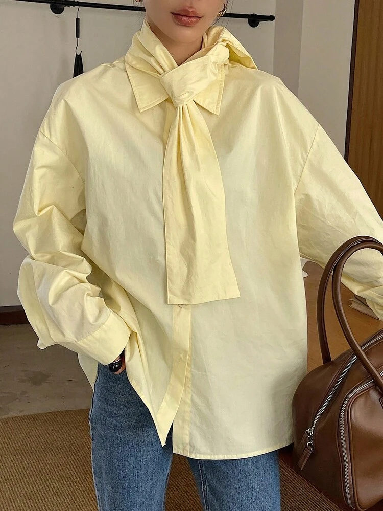 Loose Casual Business Commute Elegant Tie Neck Long Sleeve Women Shirt, Cream Yellow Solid Color, Suitable For Autumn & Spring