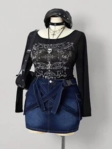Sunspun Plus Size Women Cowgirl, Elastic Backpack Buckle Strap Sexy Mini Denim Skirt, Autumn - Dark Wash - View 3