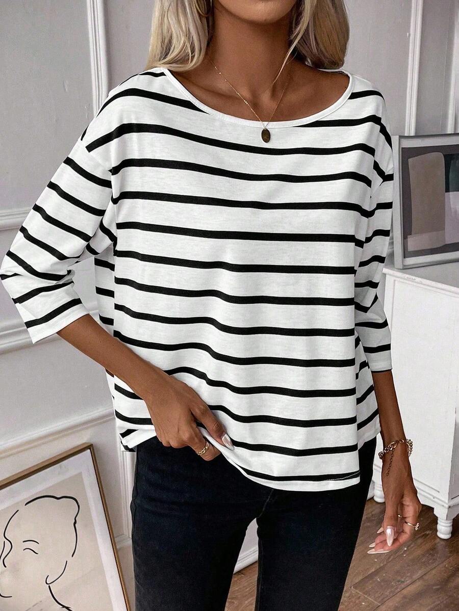 EMERY ROSE Striped Print Drop Shoulder Tee Graphic Tees Women Tops