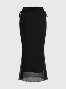 ROMWE PETITE 女式百搭修身褶饰美人鱼下摆铅笔裙 - 黑色 - 查看 3