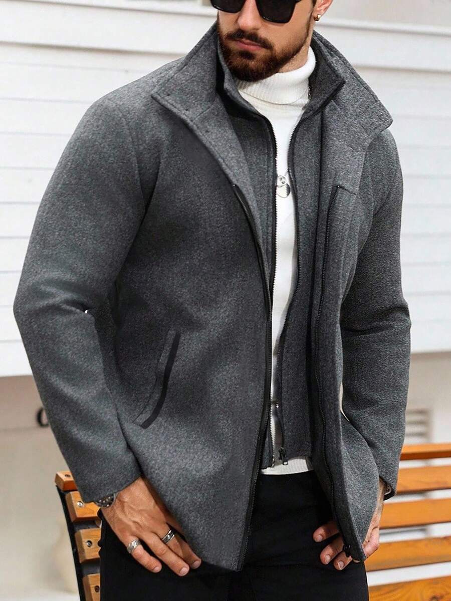 Manfinity Homme 男士休闲简约长袖拉链大衣，秋冬 - 深灰色 - 查看 1