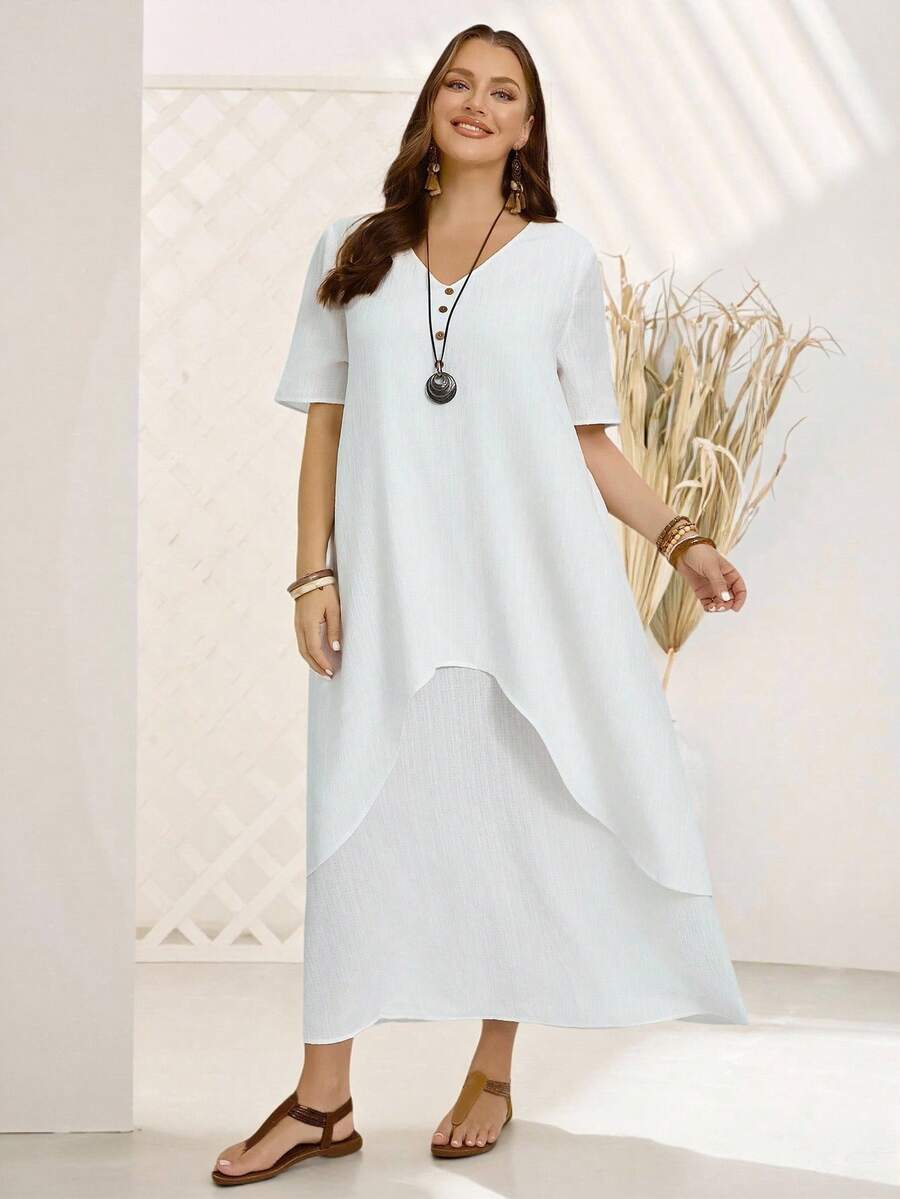 EMERY ROSE Plus Size Women's Fashionable Asymmetrical Cut Long Short Sleeve Dress