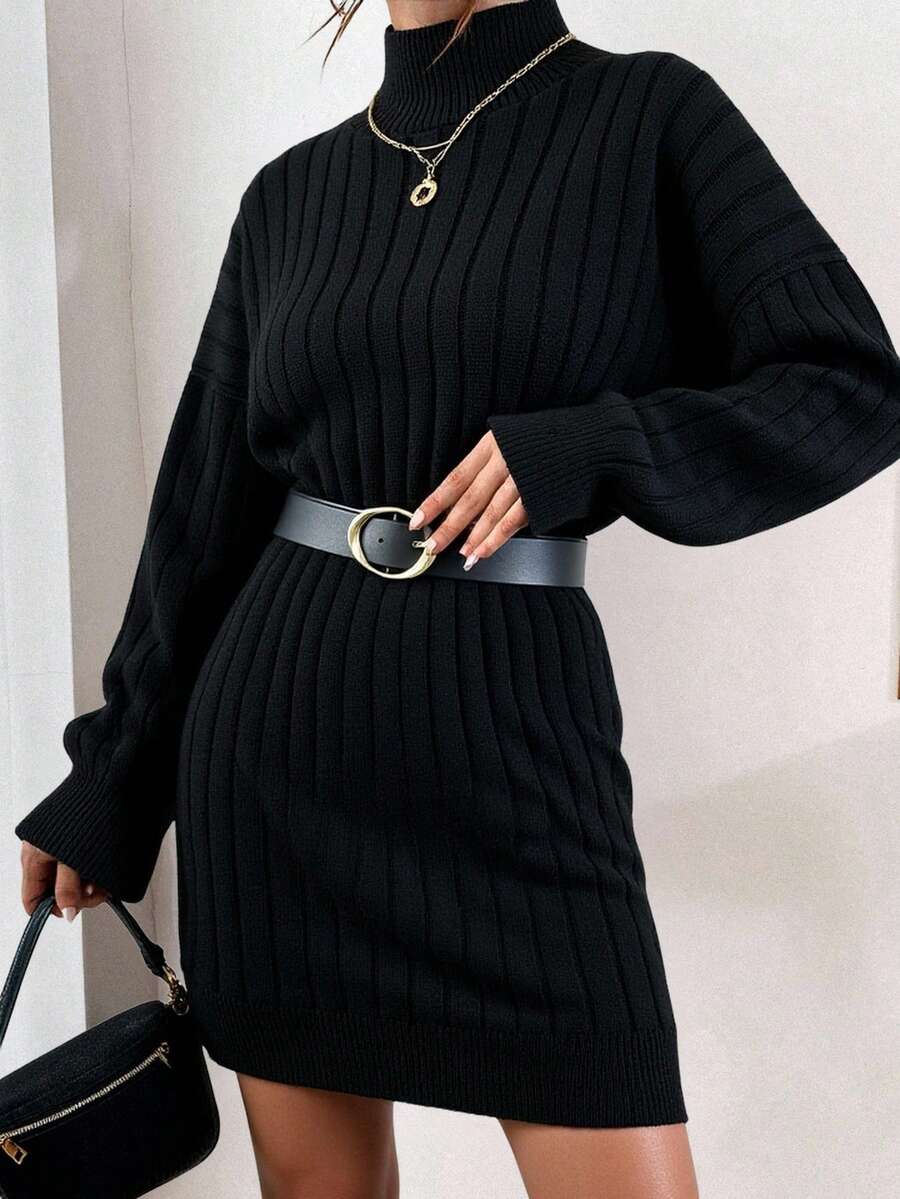 EURMUSE Mock Neck Drop Shoulder Jumper Dress Without Belt - Black - View 1