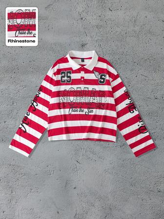 Street Life Men's Fashion Casual Shiny Diamond Preppy Striped Polo Shirt, Fall