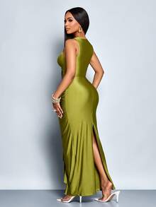 SOLERSUN Vestido ajustado de mujer con cuello en V de unicolor, decorado con metal, cintura fruncida con volantes y abertura - Verde - Ver 2