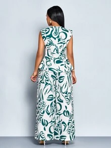 SOLERSUN 女式全身印花 V 领背心和阔腿裤套装，适合度假、通勤、办公室穿着（随机花卉图案） - 綠色 - 查看 2