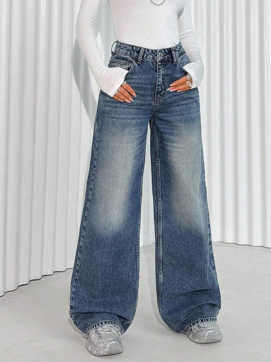 EURMUSE JEANS DE PIERNA ANCHA Y CINTURA ALTA PARA MUJER - Azul lavado medio - Ver 1