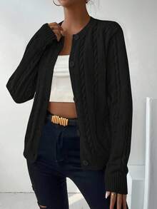 EMERY ROSE 女式秋季扭纹长袖单排扣休闲针织开衫 - 黑色 - 查看 6