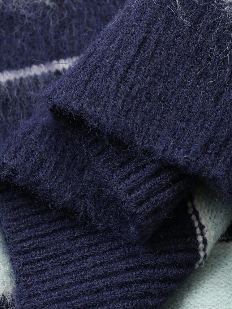 Contrast Stripe Fuzzy Loose Crew Neck Long Sleeve Casual Street Style Knit Sweater For Women, Autumn/Winter