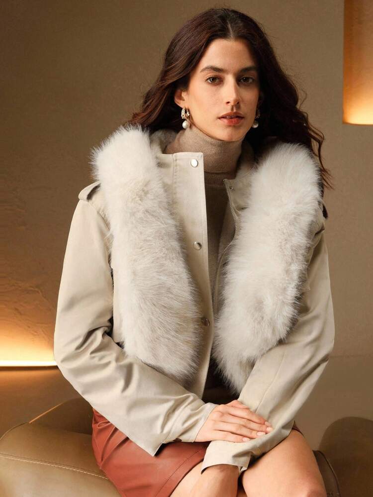 Women's Casual Short Faux Fur Collar Long Sleeve Jacket, Autumn/Winter