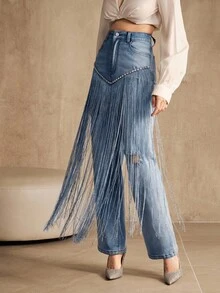 Anewsta Nuevos jeans rectos azules con flecos y pedrería de moda para el Día de San Valentín para mujer - Azul - Ver 1
