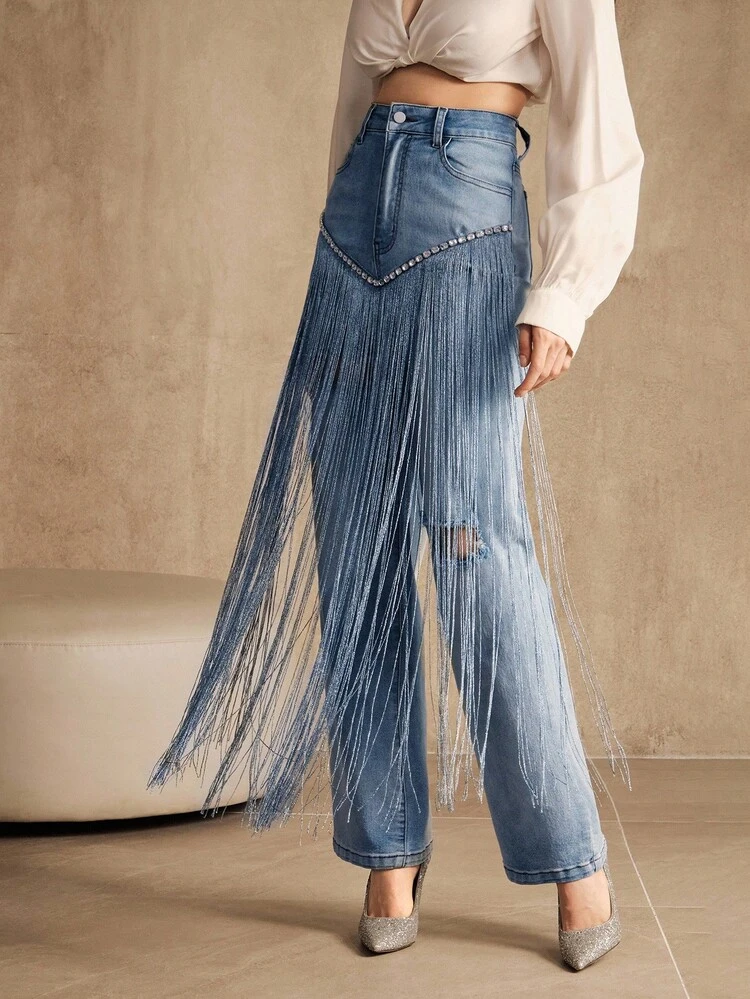 Women's New Fashionable Fringe Rhinestone Valentine's Day Blue Straight Jeans