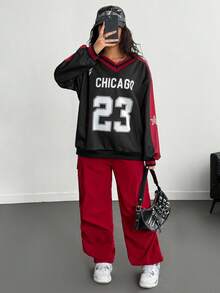 Teen Girls Colorblock Numeric Print Long Sleeve Knit Sweatshirt And Side Pocket Drawstring Cargo Pants 2-Piece Set, Casual Active Outfit - Multicolor - View 5