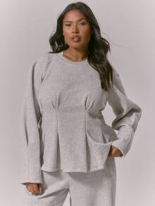 MUSERA Plus Cinched Waist Flared Hem Balloon Sleeve Sweatshirt Top Only Classy Cute Sexy Streetwear Night Out Curve Spring Casual - Grey - View 1