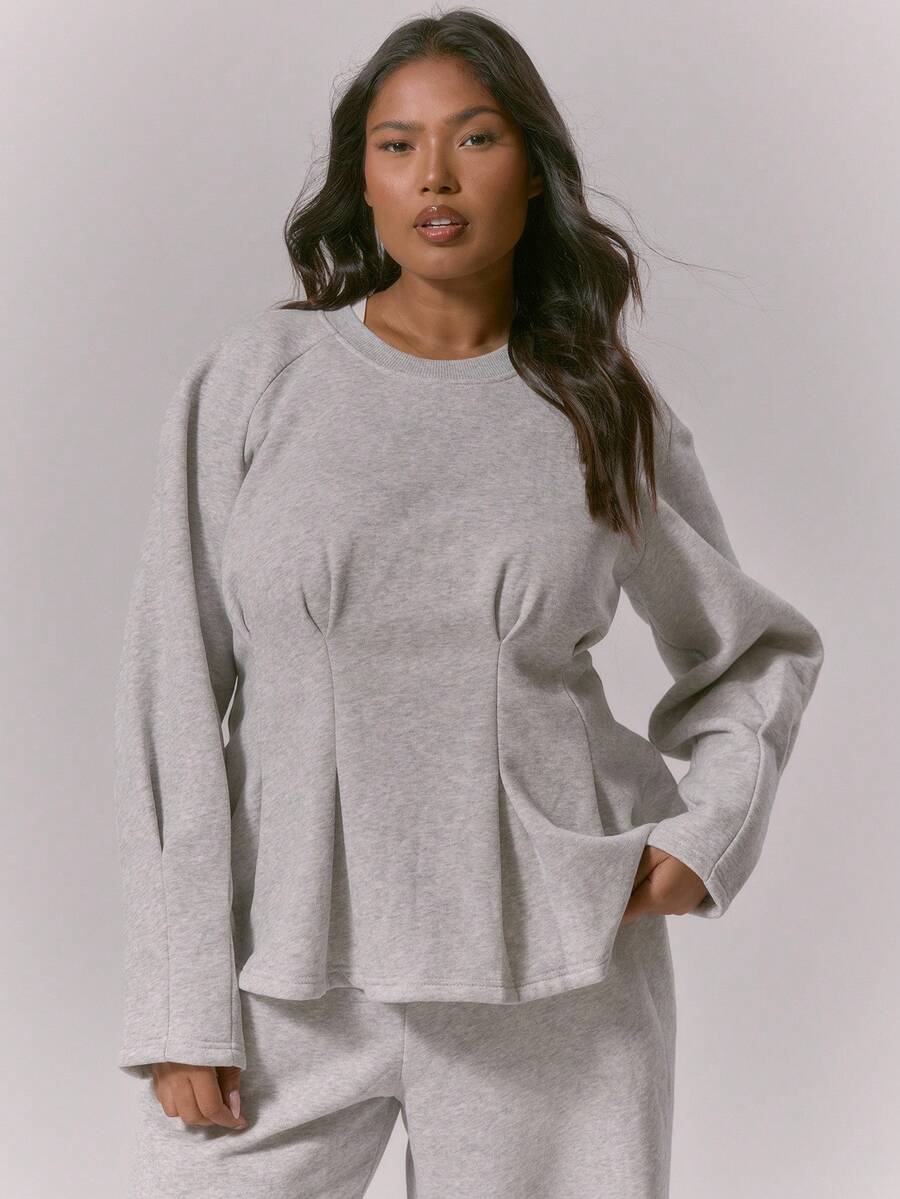 MUSERA Plus Cinched Waist Flared Hem Balloon Sleeve Sweatshirt Top Only Classy Cute Sexy Streetwear Night Out Curve Spring Casual - Grey - View 1