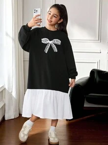 SHEIN 青少年女孩休闲优雅蕾丝拼布蝴蝶结印花宽松超大长袖撞色 A 字运动衫裙，黑白，复古优雅运动衫裙 - 黑色 - 查看 3