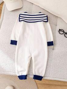 SHEIN Unisex Baby Cute Navy Striped Long Sleeve Sweater Romper, Autumn/Winter Baby Clothes Baby Boy Nautical Romper Preppy Baby Boy Clothes Infant Sweater Romper Boy Fall - Multicolor - View 2