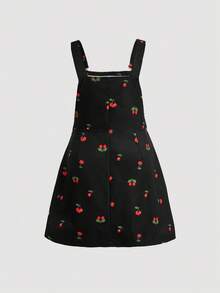 SHEIN CURVE+ Curves 大码/学校服装/返校服装/返校大码女式樱桃印花前袋侧拉链背带裙 - 黑色 - 查看 2