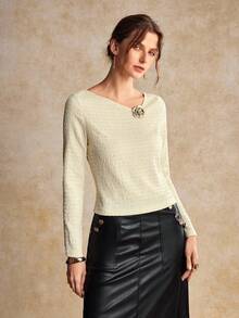 House of One Textured Knit Asymmetrical Neckline Fitted Top With Metal Flower Deco Women Autumn Elegant Wear