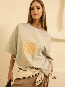 Aralina Crew Neck Oversized Regular Length Graphic Tee - Grey - View 6