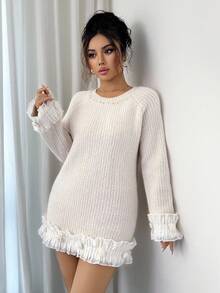 SHEIN Elenzya Women's Lace Patchwork Faux Pearl Collar Raglan Sleeve Sweater - Apricot - View 3