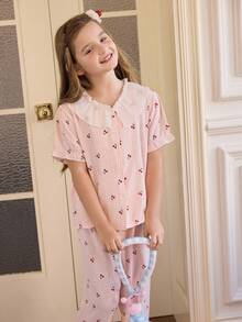 甜美乡村浪漫格子樱桃印花褶皱雪纺荷叶边撞色领短袖女童睡衣 - 粉色 - 查看 4