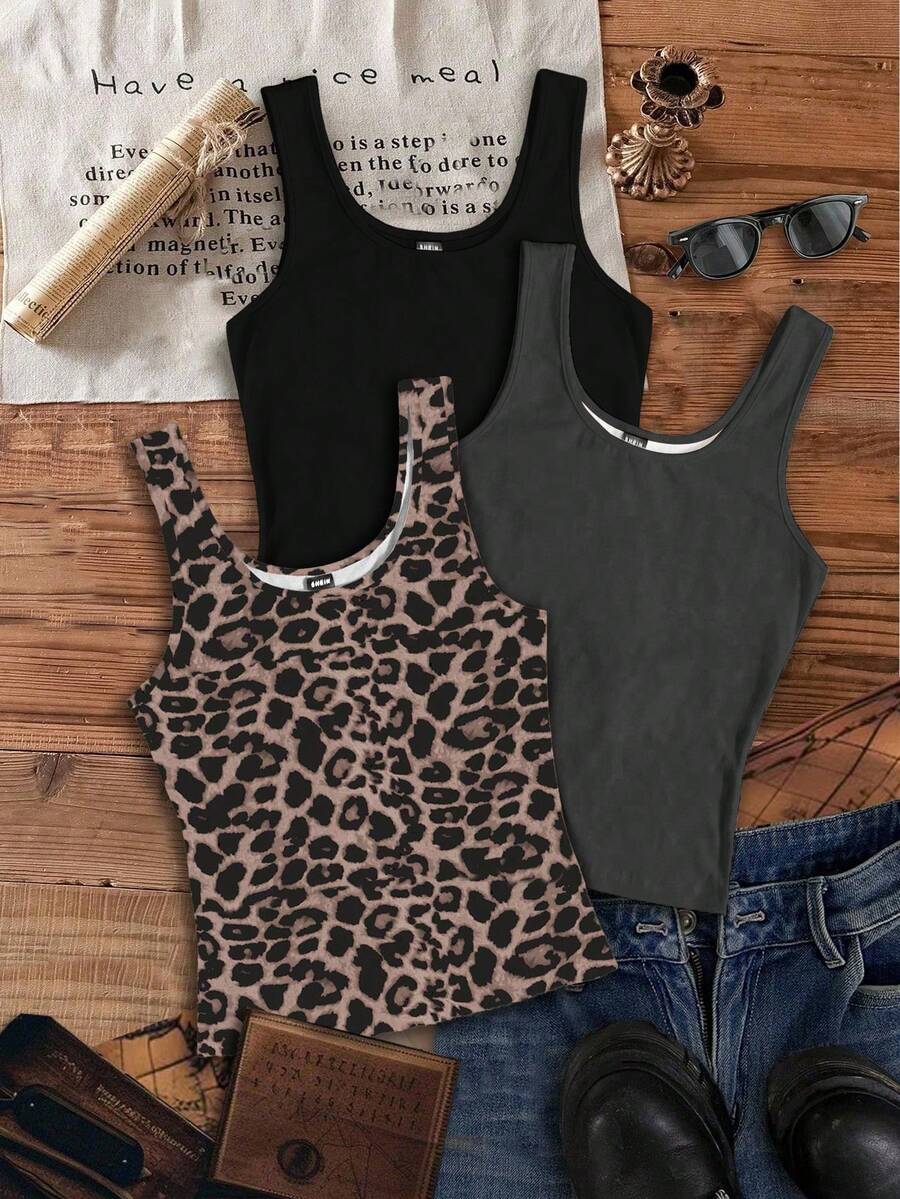 SHEIN EZwear 3 件纯色百搭豹纹吊带背心,适合夏季 - 彩色 - 查看 1