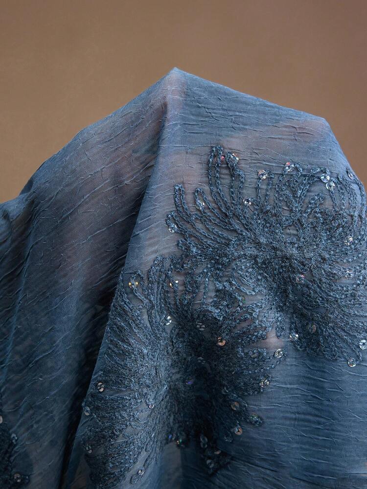 Loose Semi-Sheer V-Neck Embroidered Long Sleeve Shirt With Colorful Sequin Detailing, Elegant Office Style For Women
