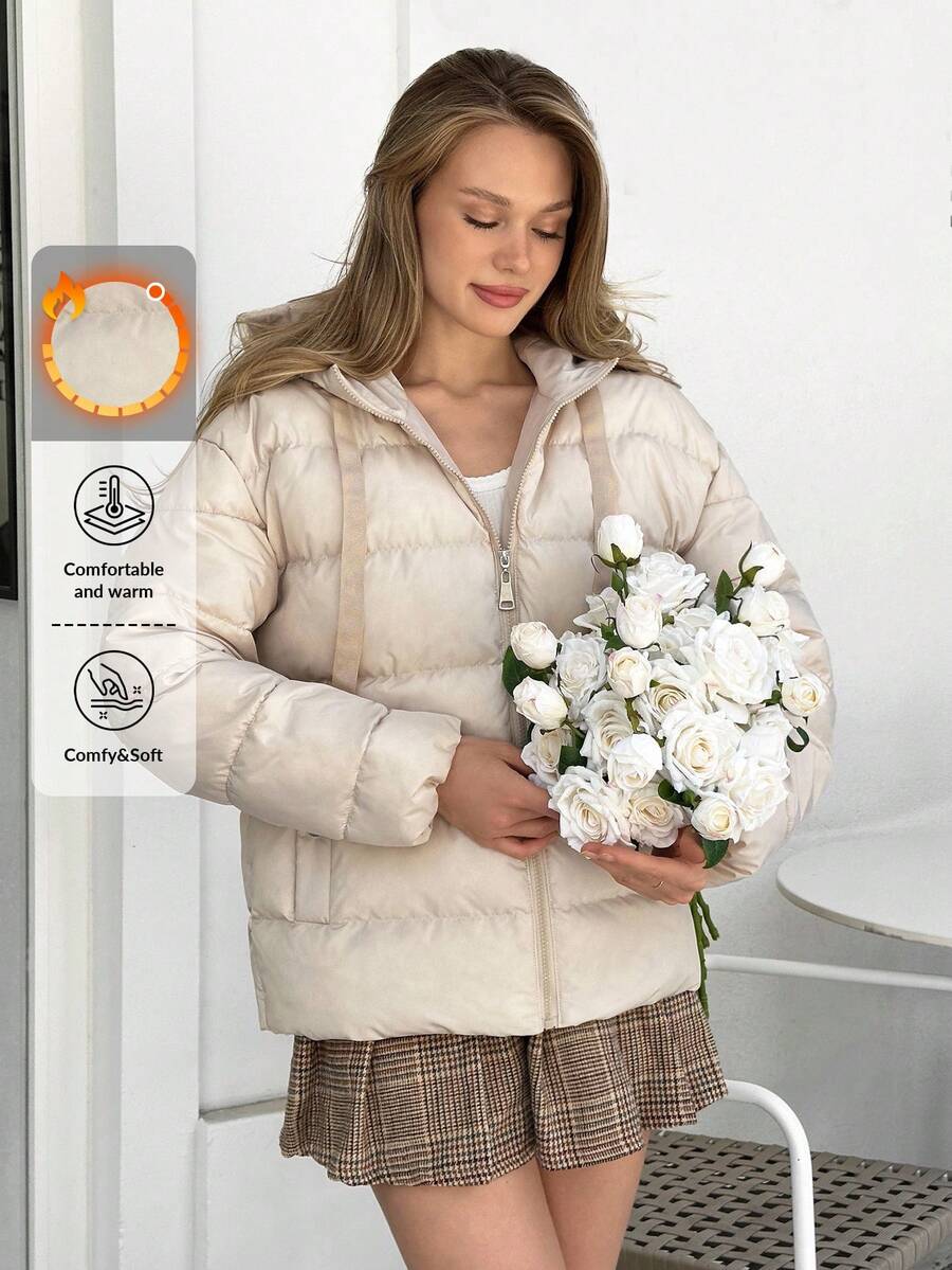 Cloudara 拉链抽绳连帽冬季大衣 - 米色 - 查看 1