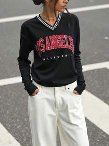 SHEIN MOOSTA Letter Graphic Drop Shoulder Tee Graphic Tees Women Tops - Black - View 1