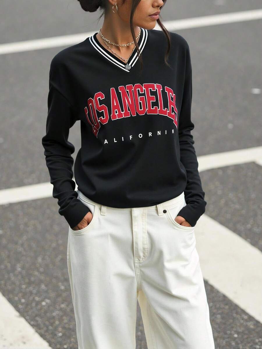 SHEIN MOOSTA Letter Graphic Drop Shoulder Tee Graphic Tees Women Tops - Black - View 1